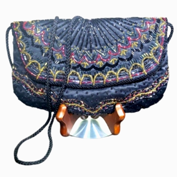 Vintage Art Deco Very So Cute Beaded Black Crossbody Mini Purse. Evening Bags. - Picture 1 of 12